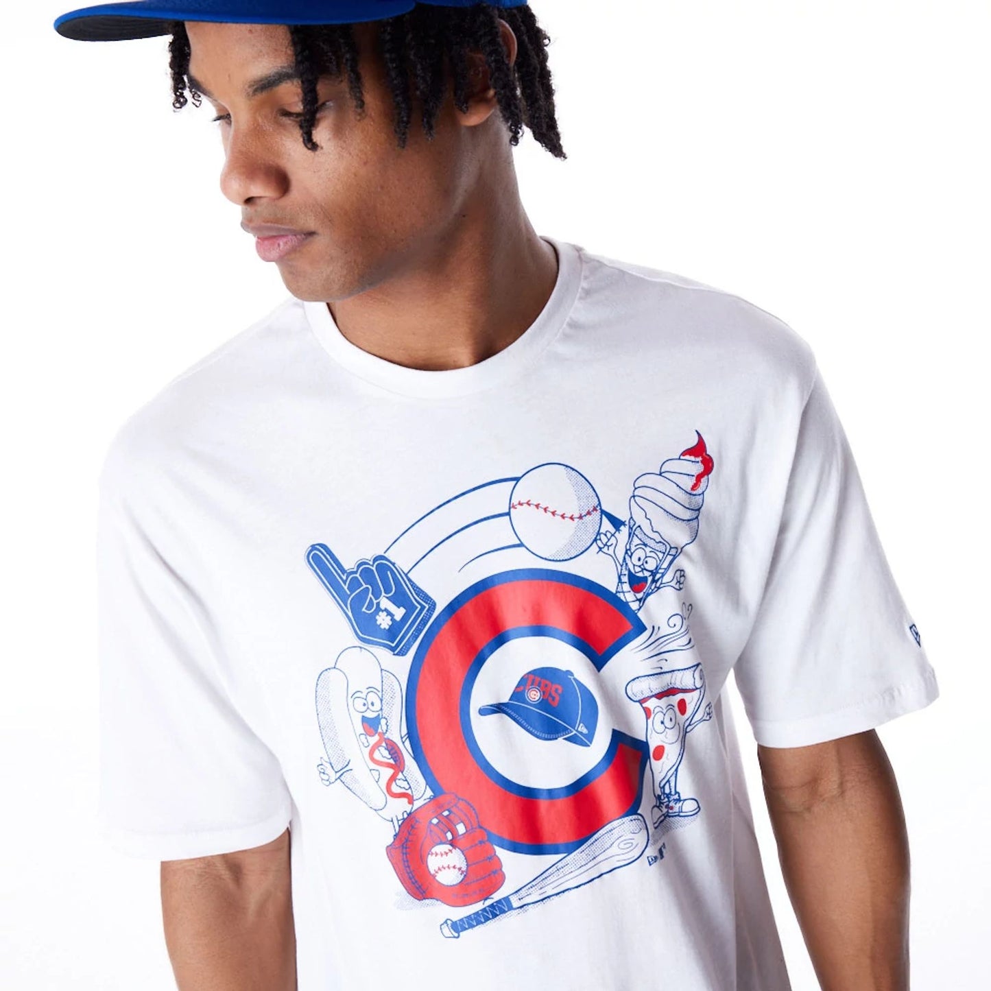 The Male model is wearing Chicago Cubs MLB Food Graphic White Oversized T-Shirt 7