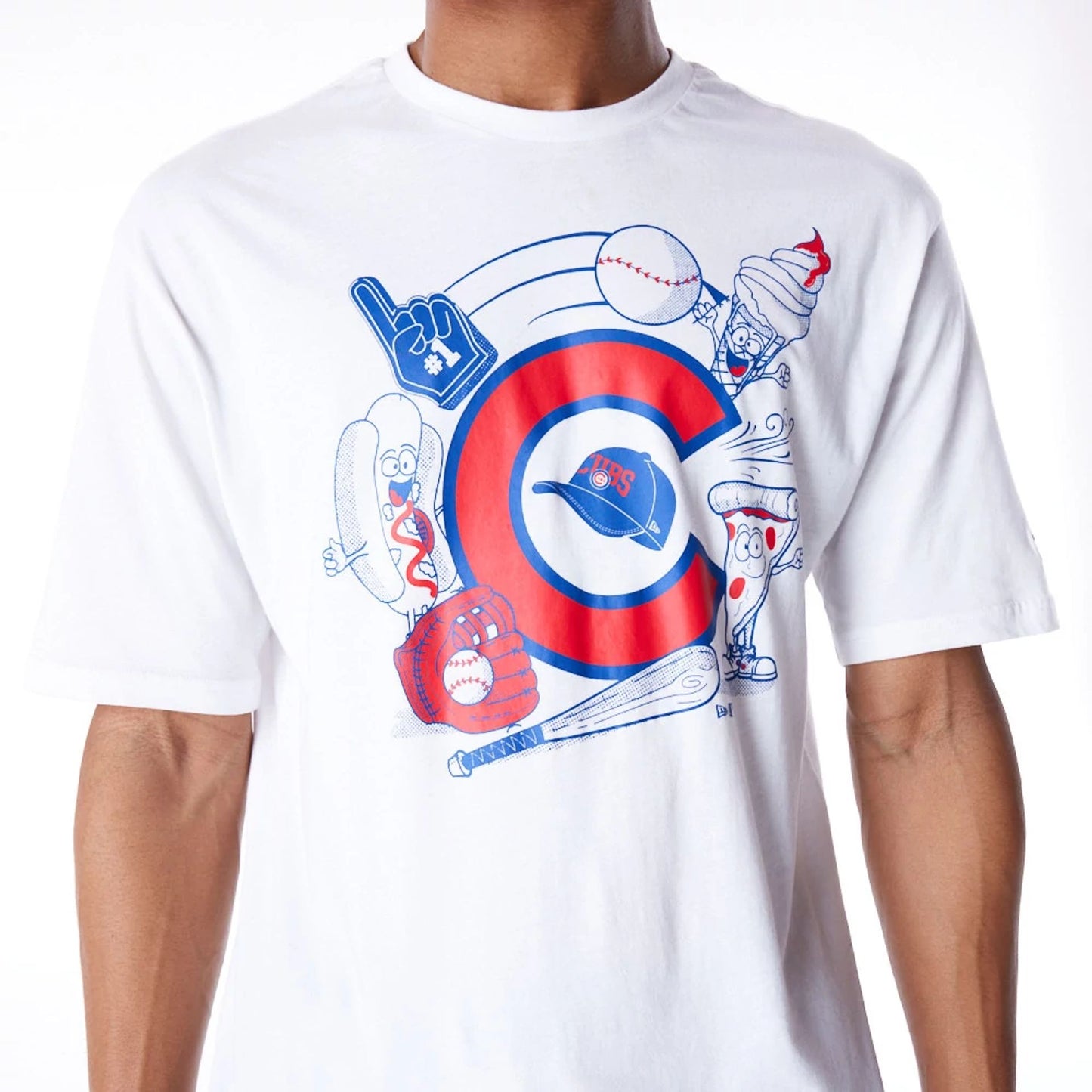 The Male model is wearing Chicago Cubs MLB Food Graphic White Oversized T-Shirt 3