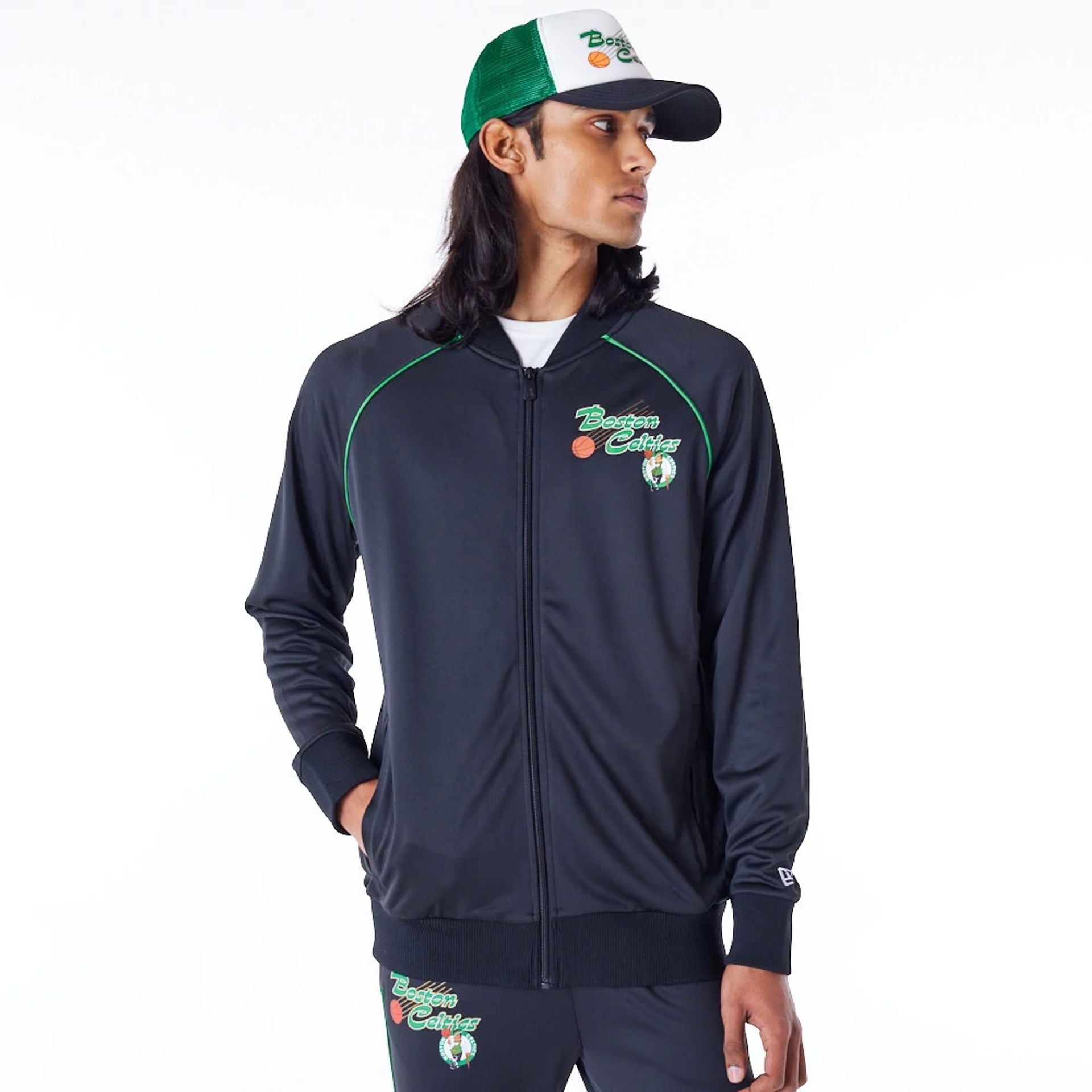 The Male model is wearing Boston Celtics NBA Script Black Track Jacket 1