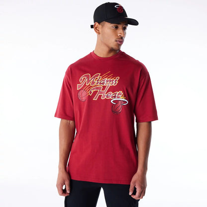 The Male model is wearing Miami Heat NBA Script Dark Red Oversized T-Shirt 3