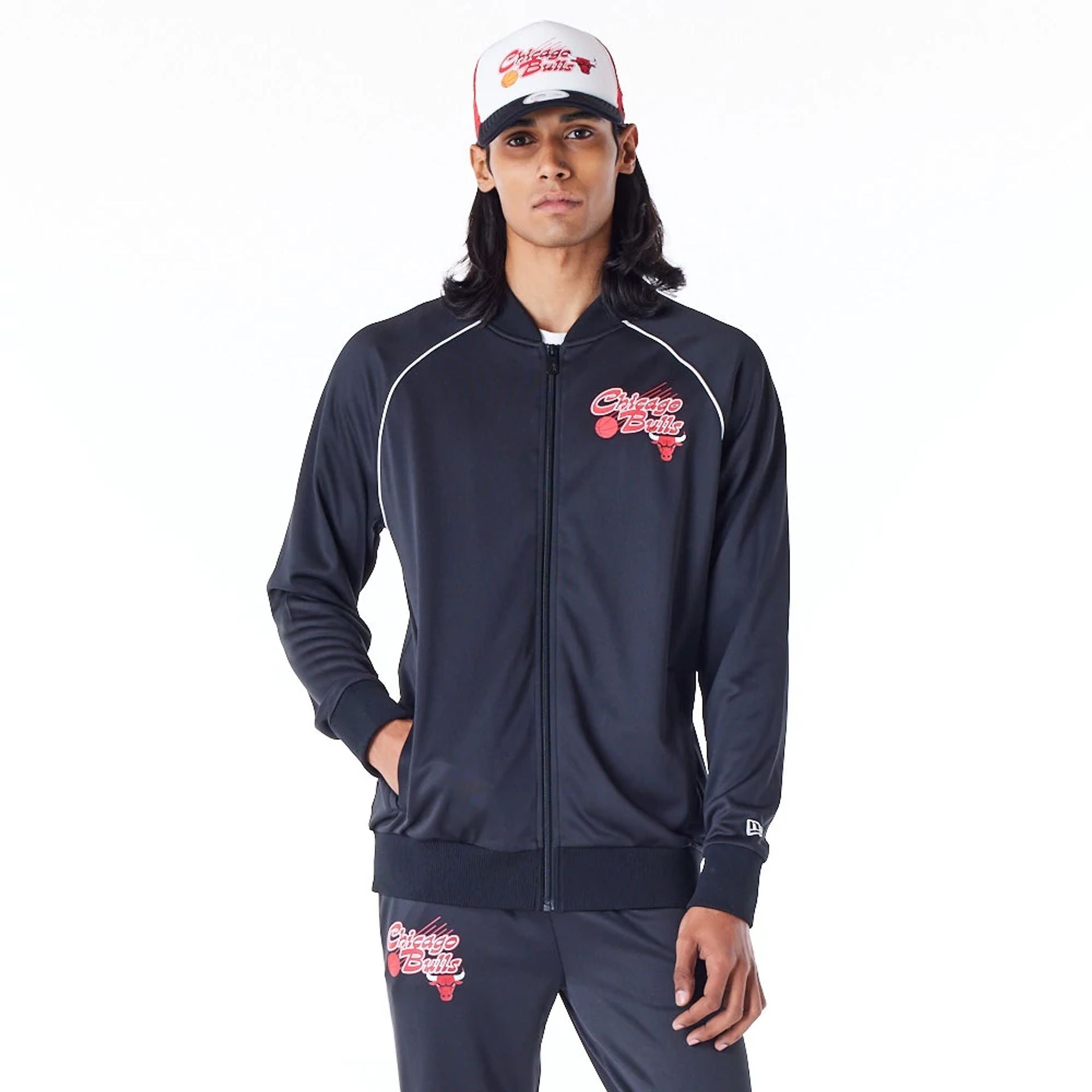 The Male model is wearing Chicago Bulls NBA Script Black Track Jacket 1