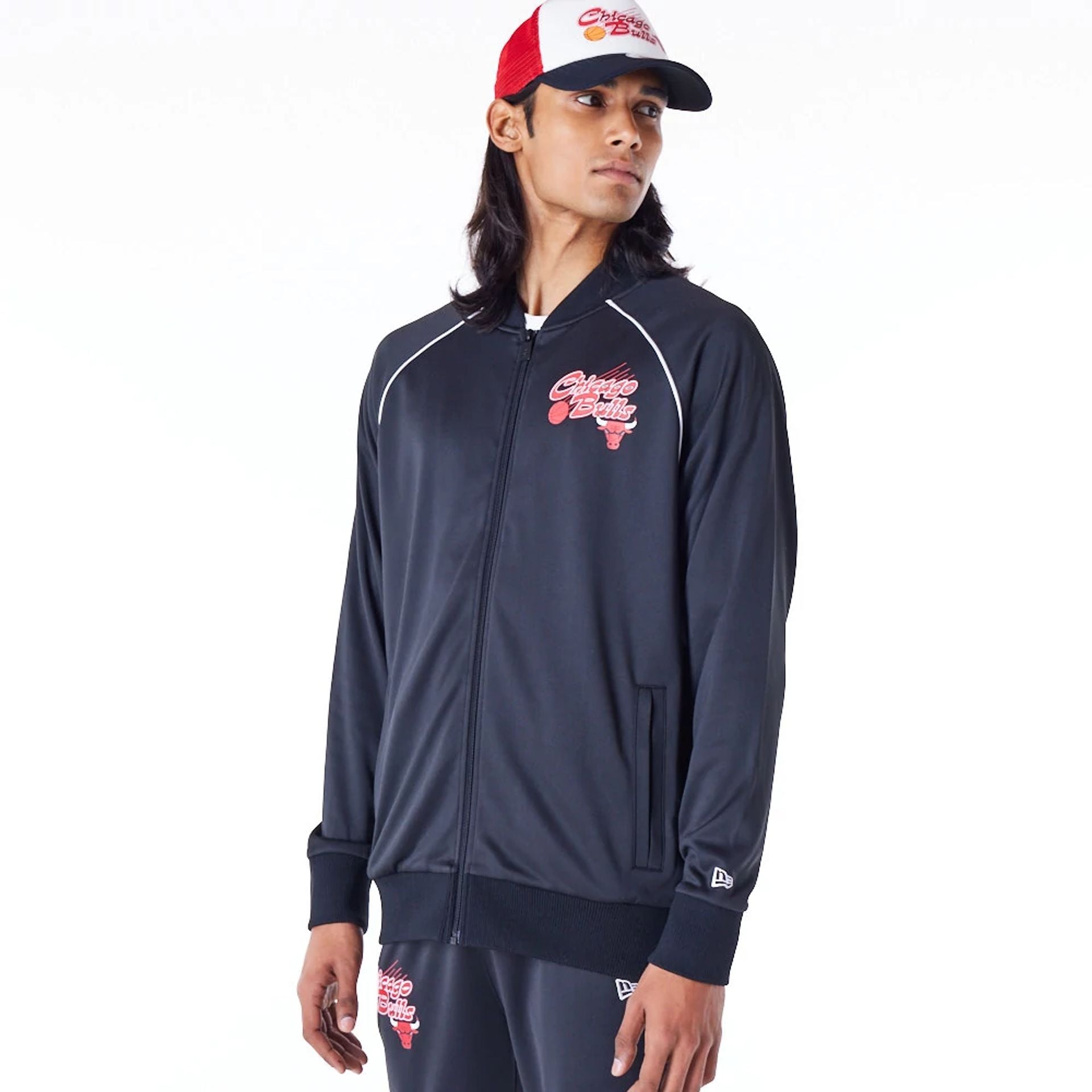 The Male model is wearing Chicago Bulls NBA Script Black Track Jacket 4