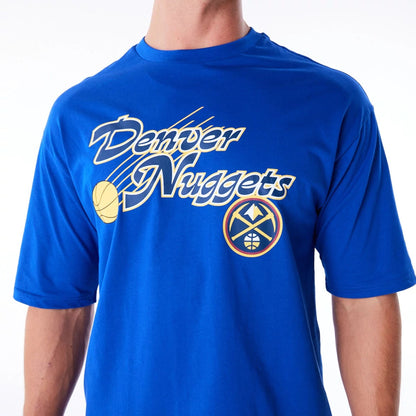 The Male model is wearing Denver Nuggets NBA Script Blue Oversized T-Shirt 1