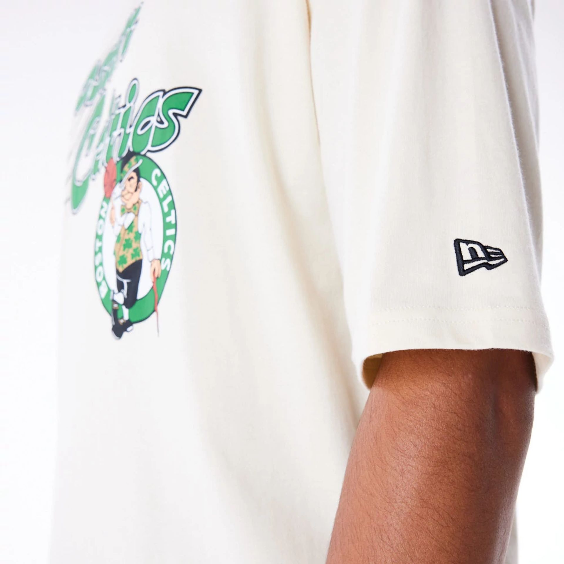 The Male model is wearing Boston Celtics NBA Script Stone Oversized T-Shirt 3