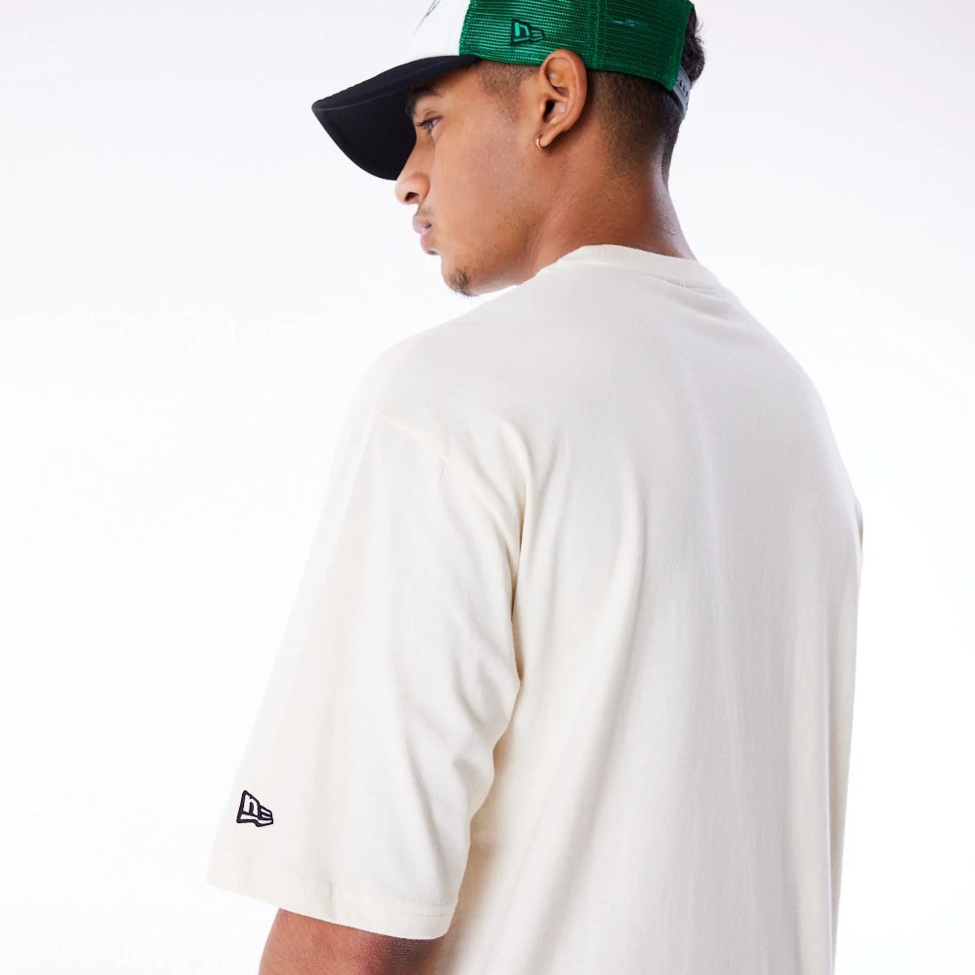 The Male model is wearing Boston Celtics NBA Script Stone Oversized T-Shirt 5