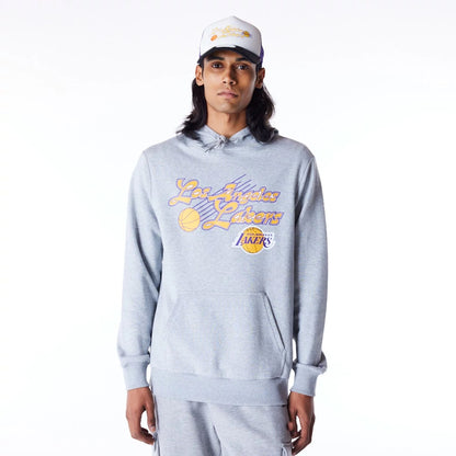 The Male model is wearing LA Lakers Script Grey Pullover Hoodie 1