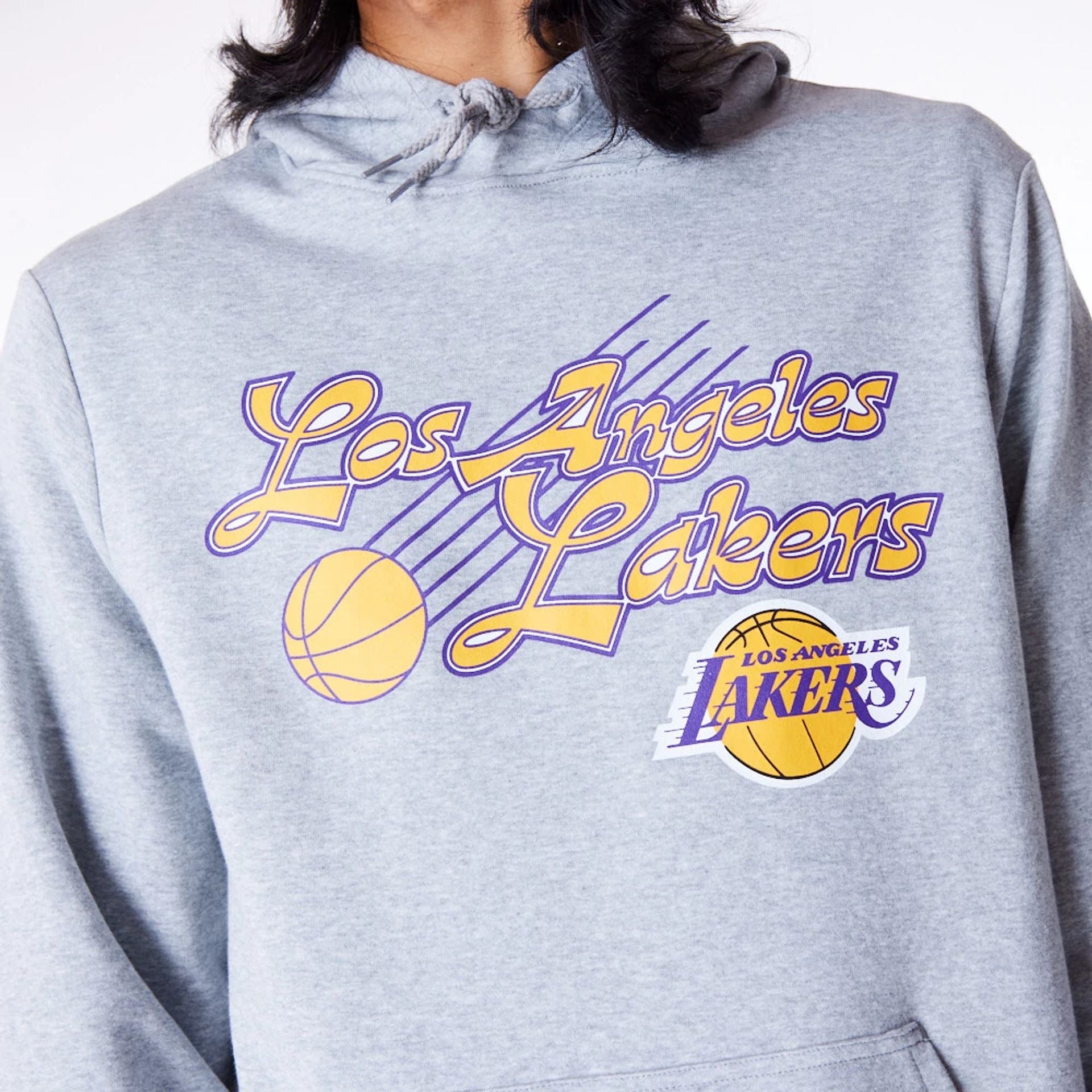 The Male model is wearing LA Lakers Script Grey Pullover Hoodie 6