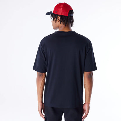 The Male model is wearing Chicago Bulls NBA Script Graphic Black Oversized T-Shirt 5