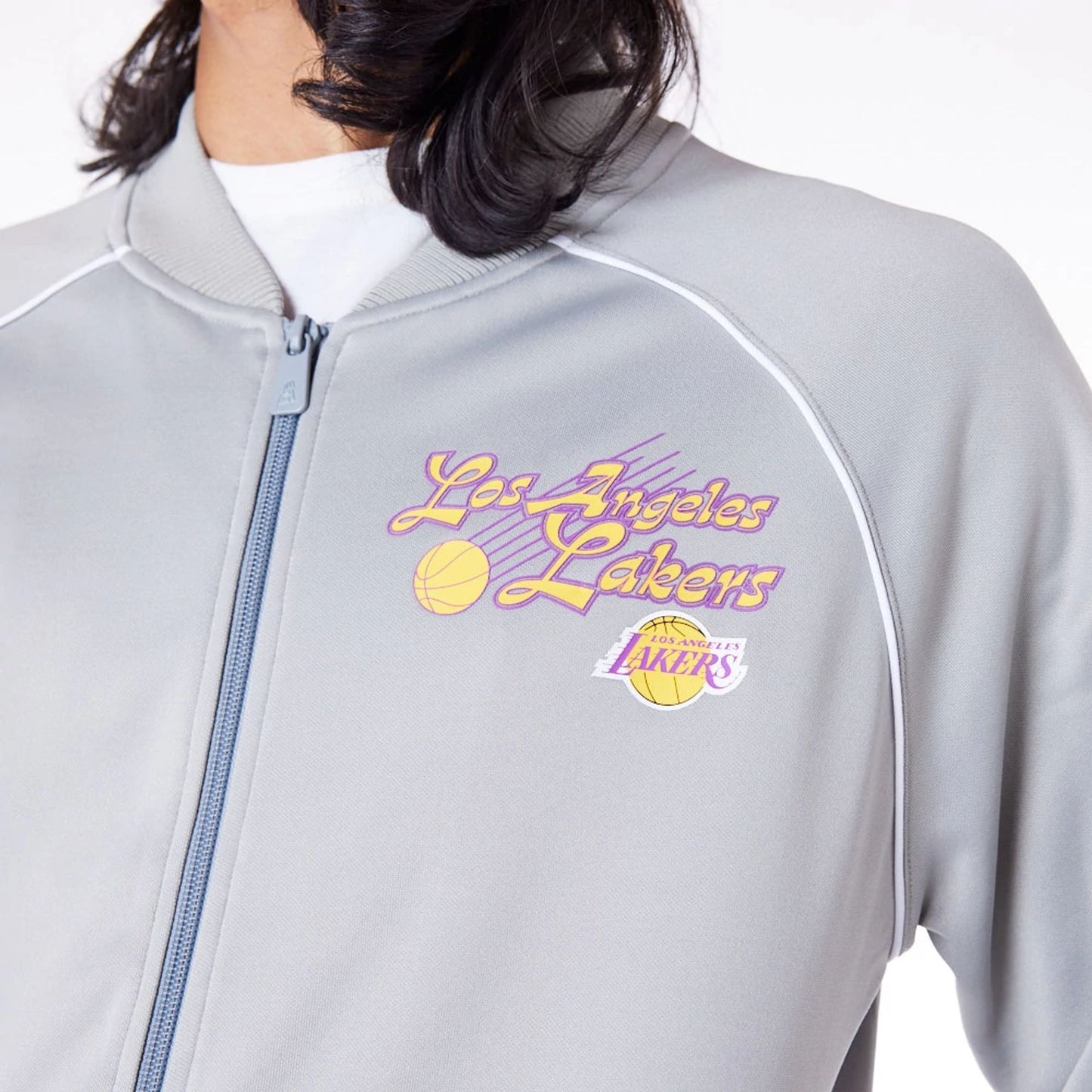 The Male model is wearing LA Lakers NBA Script Grey Track Jacket 9