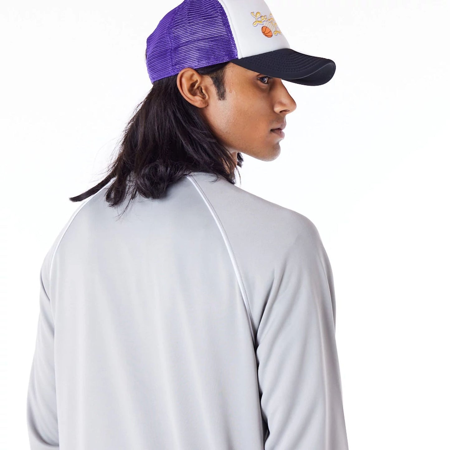 The Male model is wearing LA Lakers NBA Script Grey Track Jacket 7