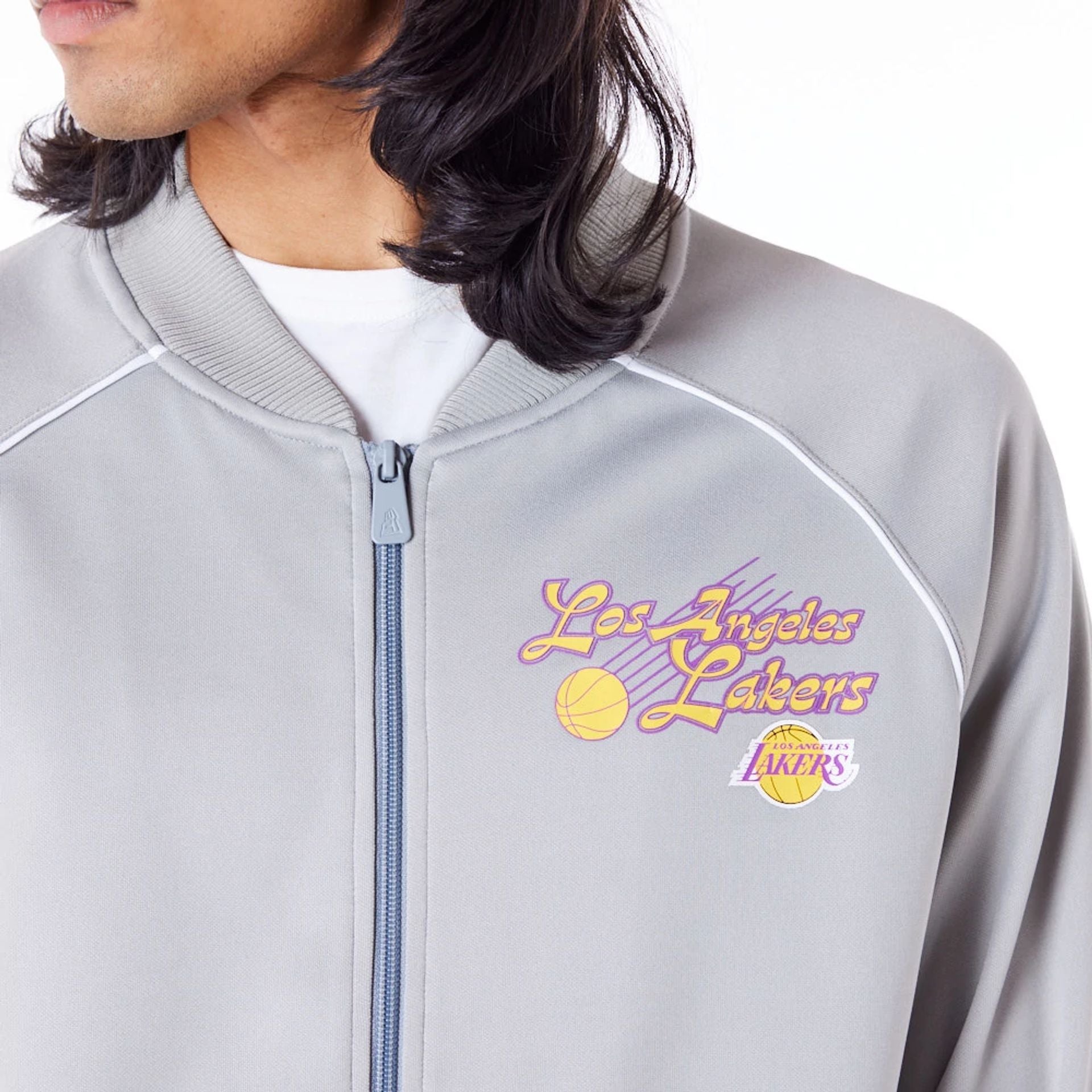 The Male model is wearing LA Lakers NBA Script Grey Track Jacket 2