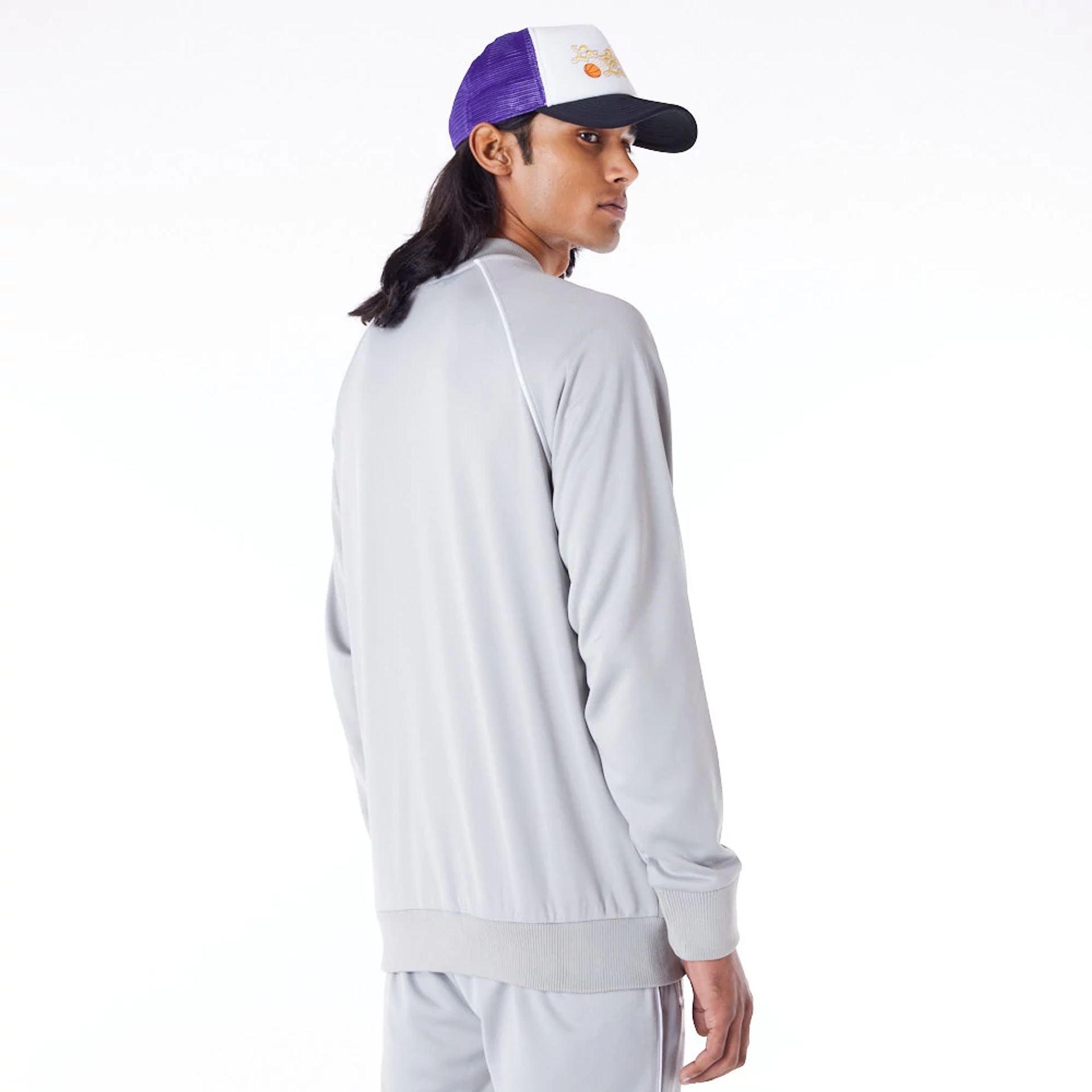 The Male model is wearing LA Lakers NBA Script Grey Track Jacket 8