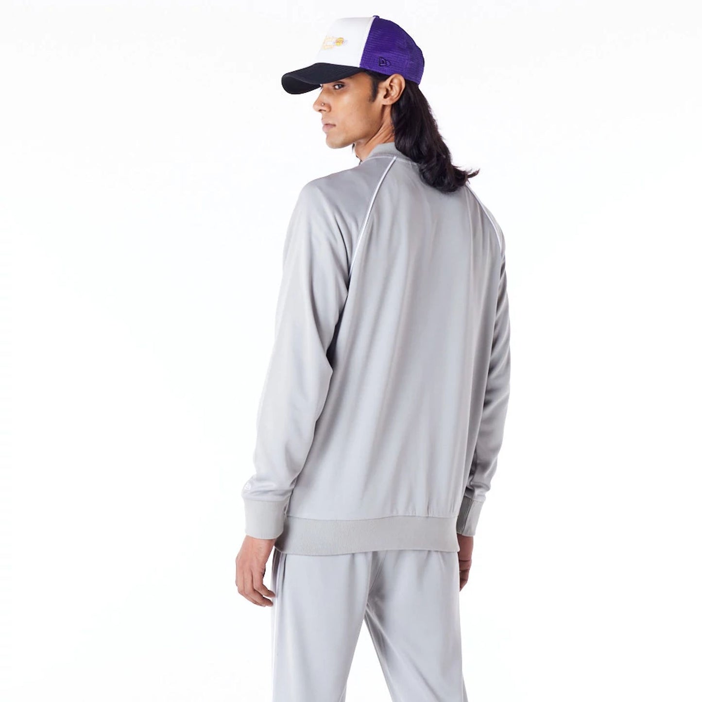 The Male model is wearing LA Lakers NBA Script Grey Track Jacket 4