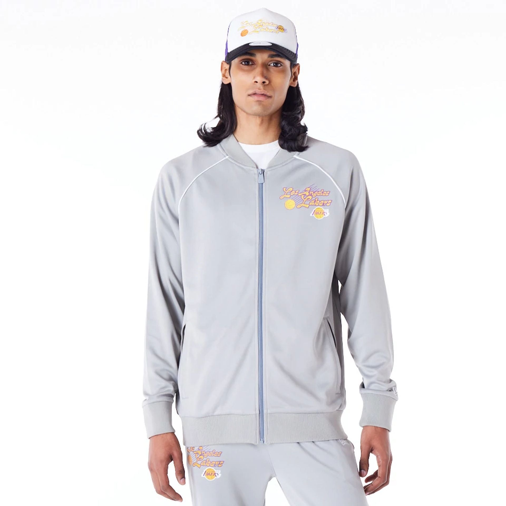 The Male model is wearing LA Lakers NBA Script Grey Track Jacket 1