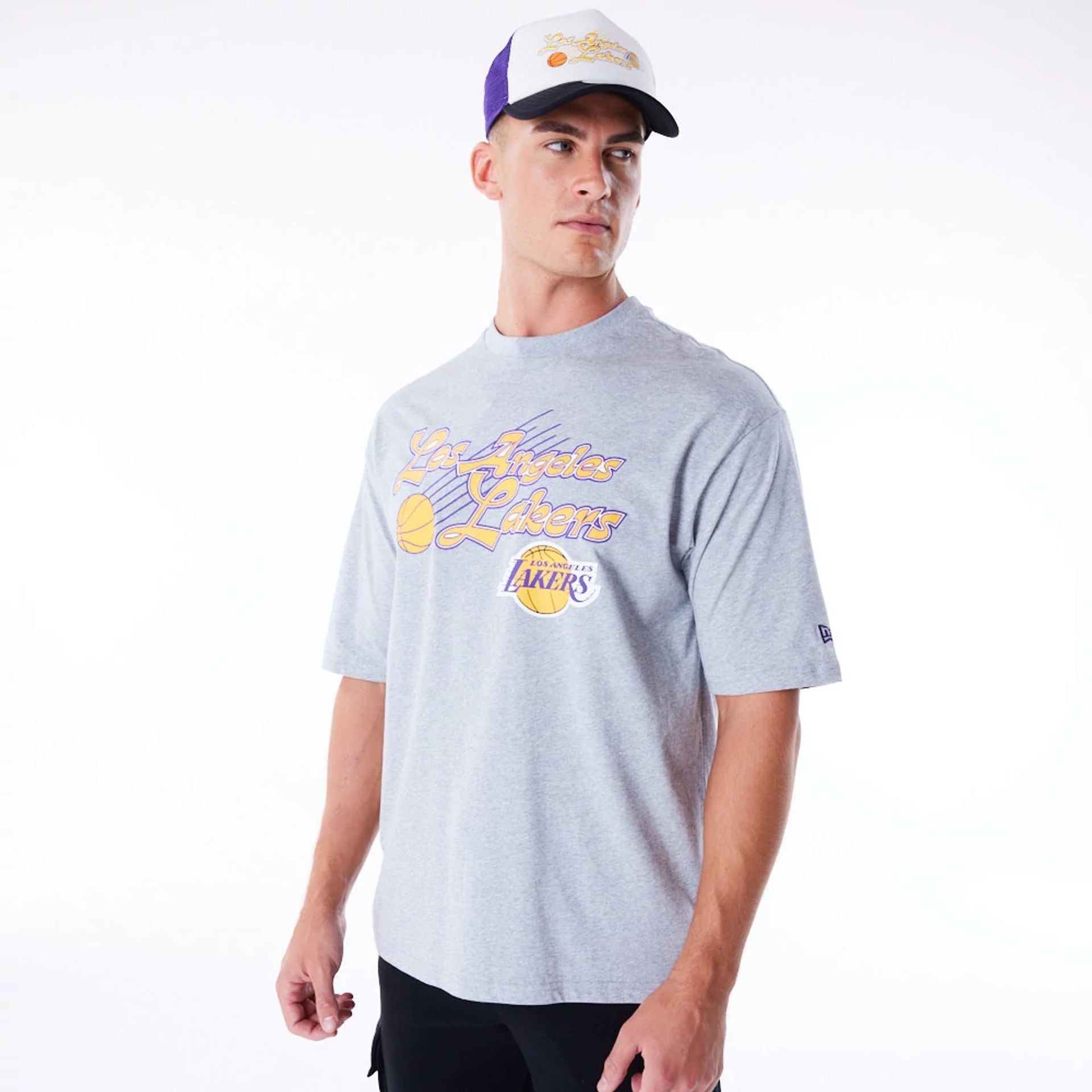 The Male model is wearing LA Lakers NBA Script Grey Oversized T-Shirt 5