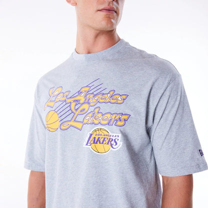 The Male model is wearing LA Lakers NBA Script Grey Oversized T-Shirt 6