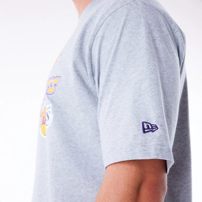 The Male model is wearing LA Lakers NBA Script Grey Oversized T-Shirt 2