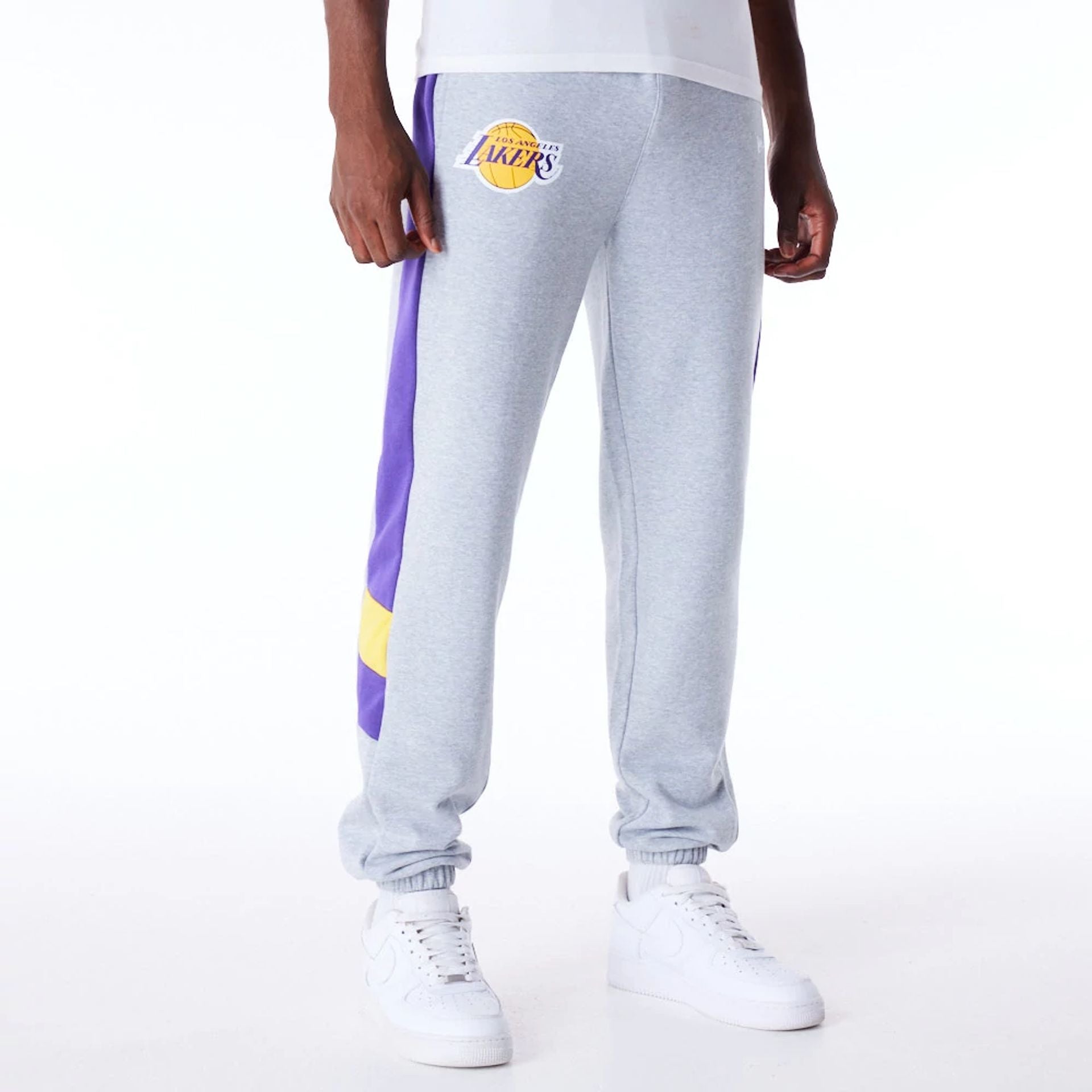 The Male model is wearing LA Lakers NBA Panel Grey Fleece Joggers  1