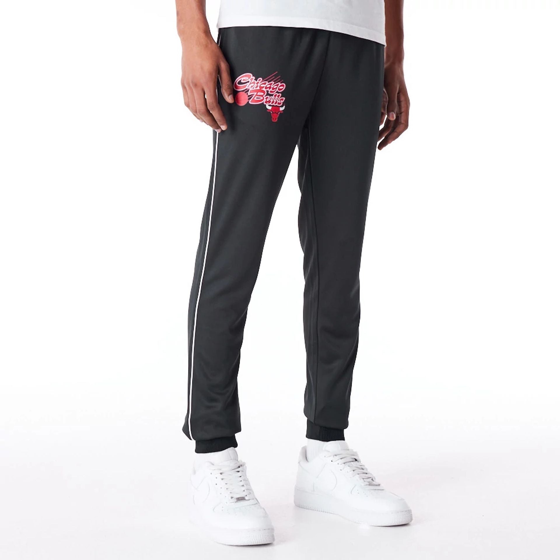 The Male model is wearing Chicago Bulls NBA Script Black Fleece Track Joggers 1