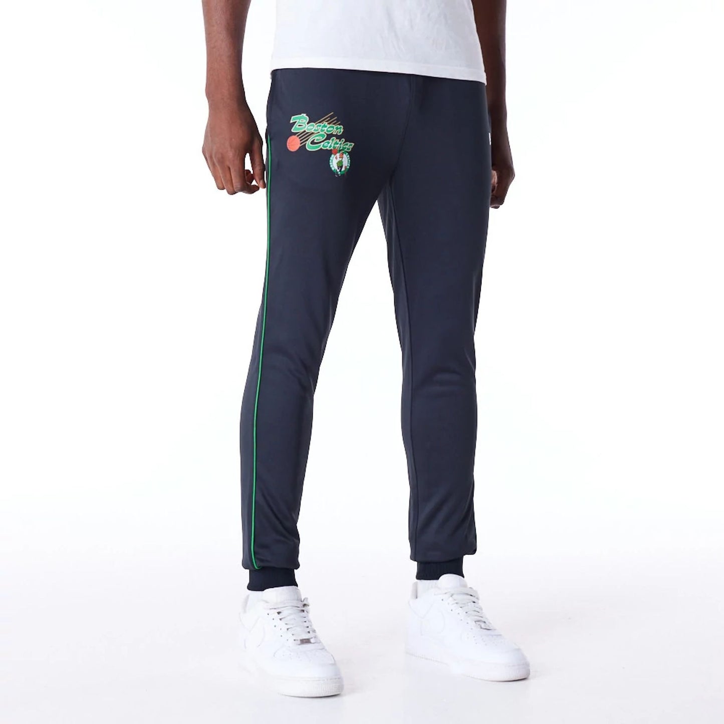 The Male model is wearing Boston Celtics NBA Script Black Fleece Track Joggers 4