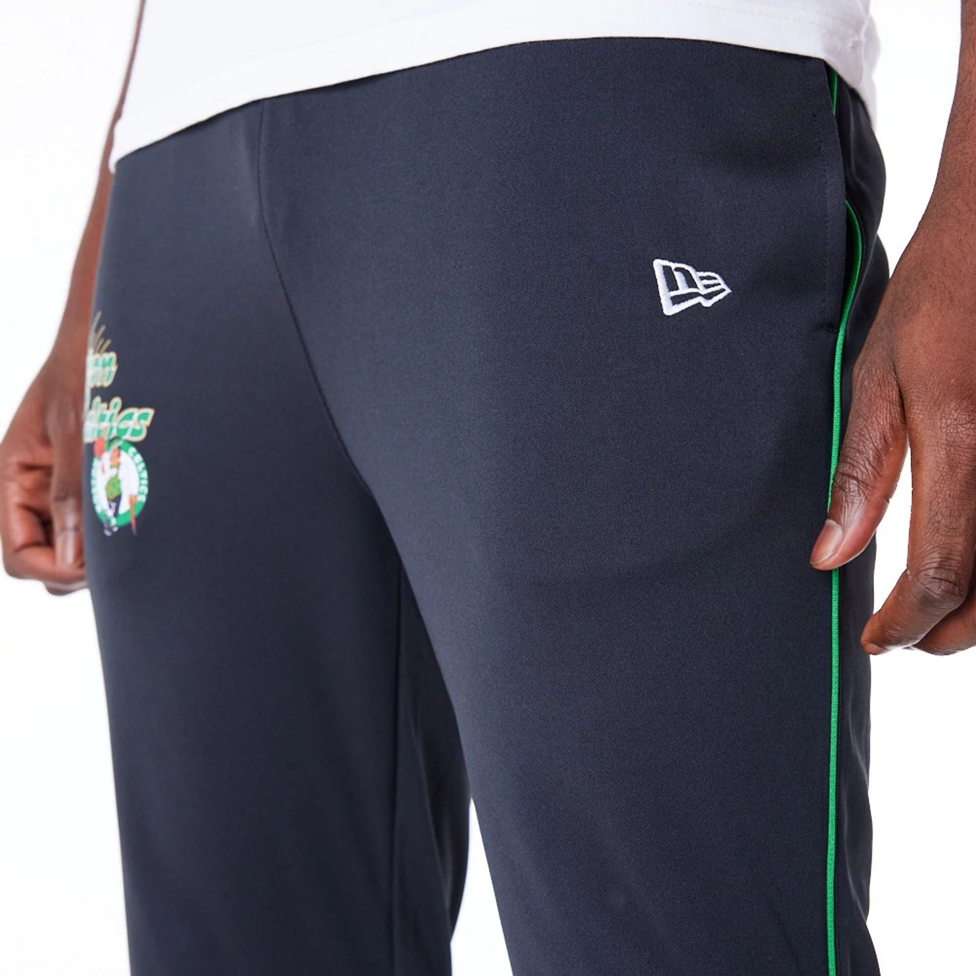 The Male model is wearing Boston Celtics NBA Script Black Fleece Track Joggers 3