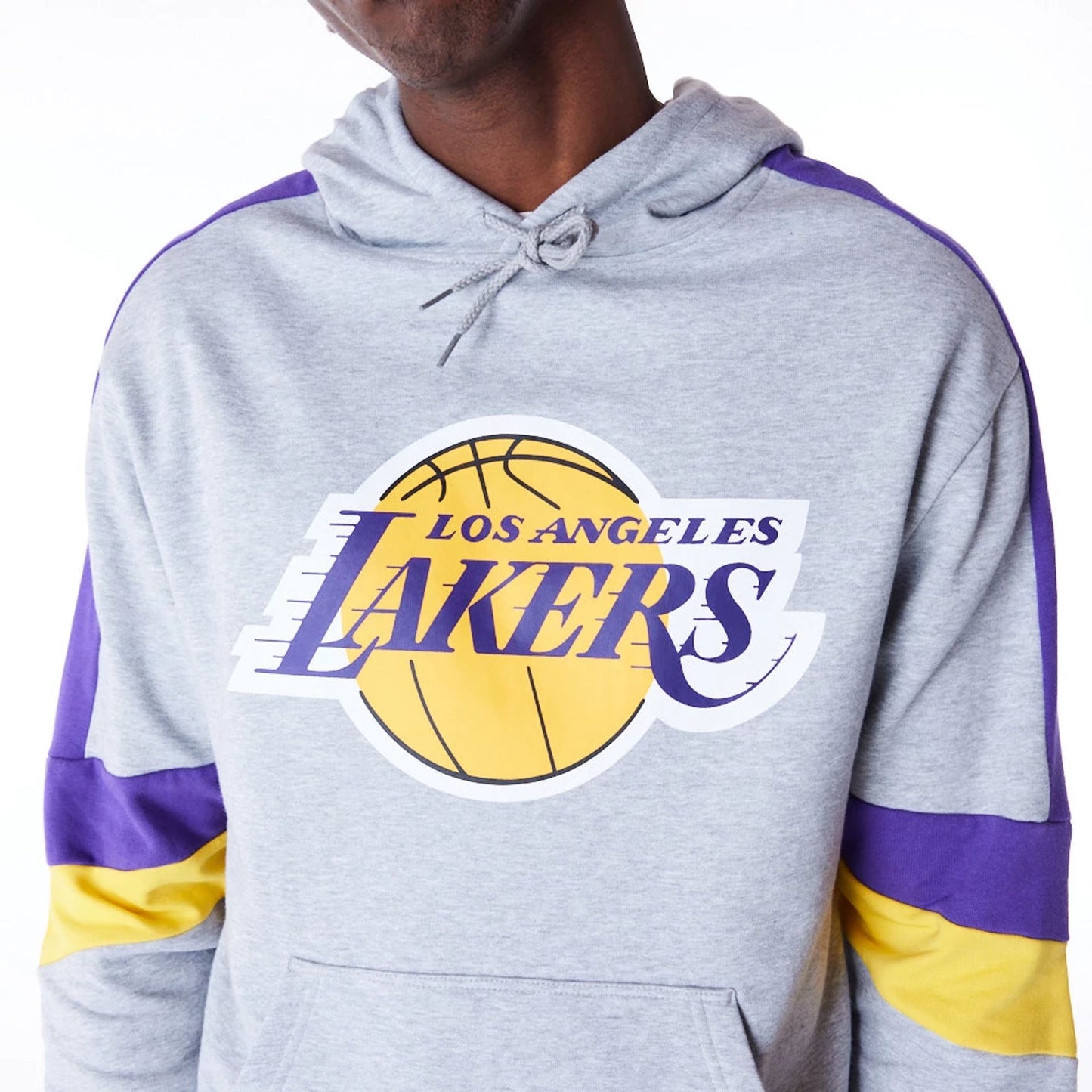 The Male model is wearing LA Lakers Colour Block Grey Pullover Hoodie  2