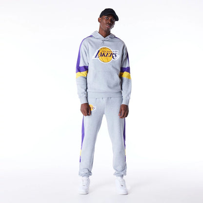 The Male model is wearing LA Lakers Colour Block Grey Pullover Hoodie  5