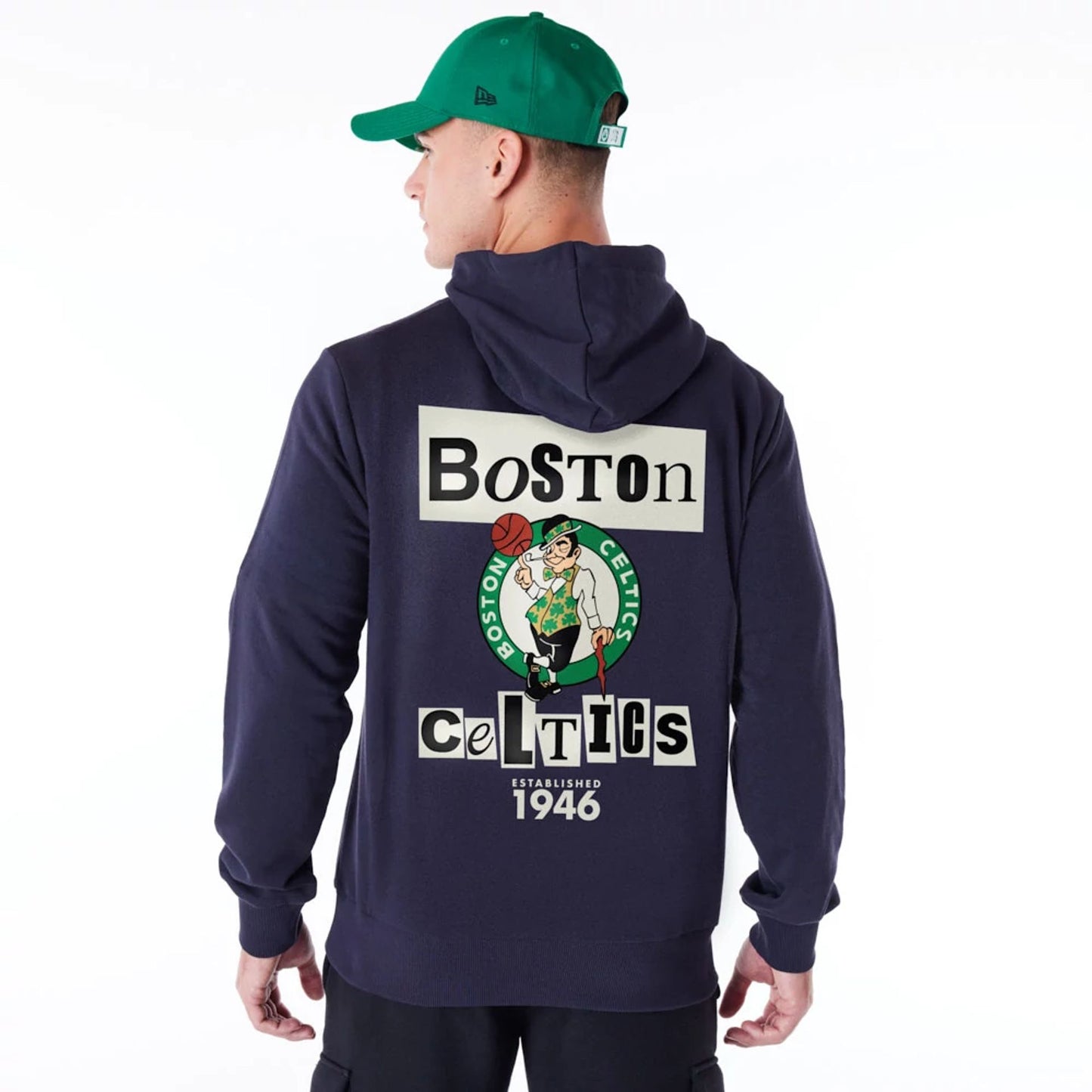 The Male model is wearing Boston Celtics Newspaper Graphic Navy Pullover Hoodie 5