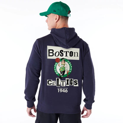 The Male model is wearing Boston Celtics Newspaper Graphic Navy Pullover Hoodie 5