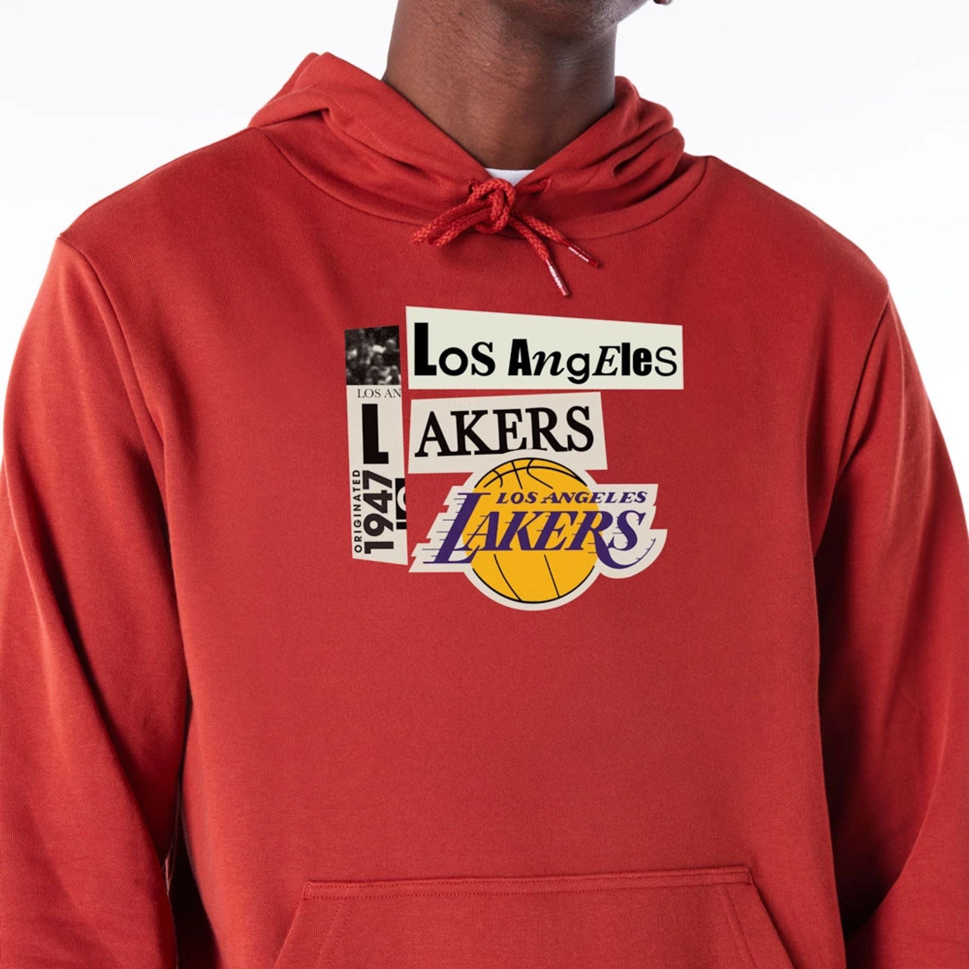 The Male model is wearing LA Lakers Newspaper Graphic Red Pullover Hoodie 4