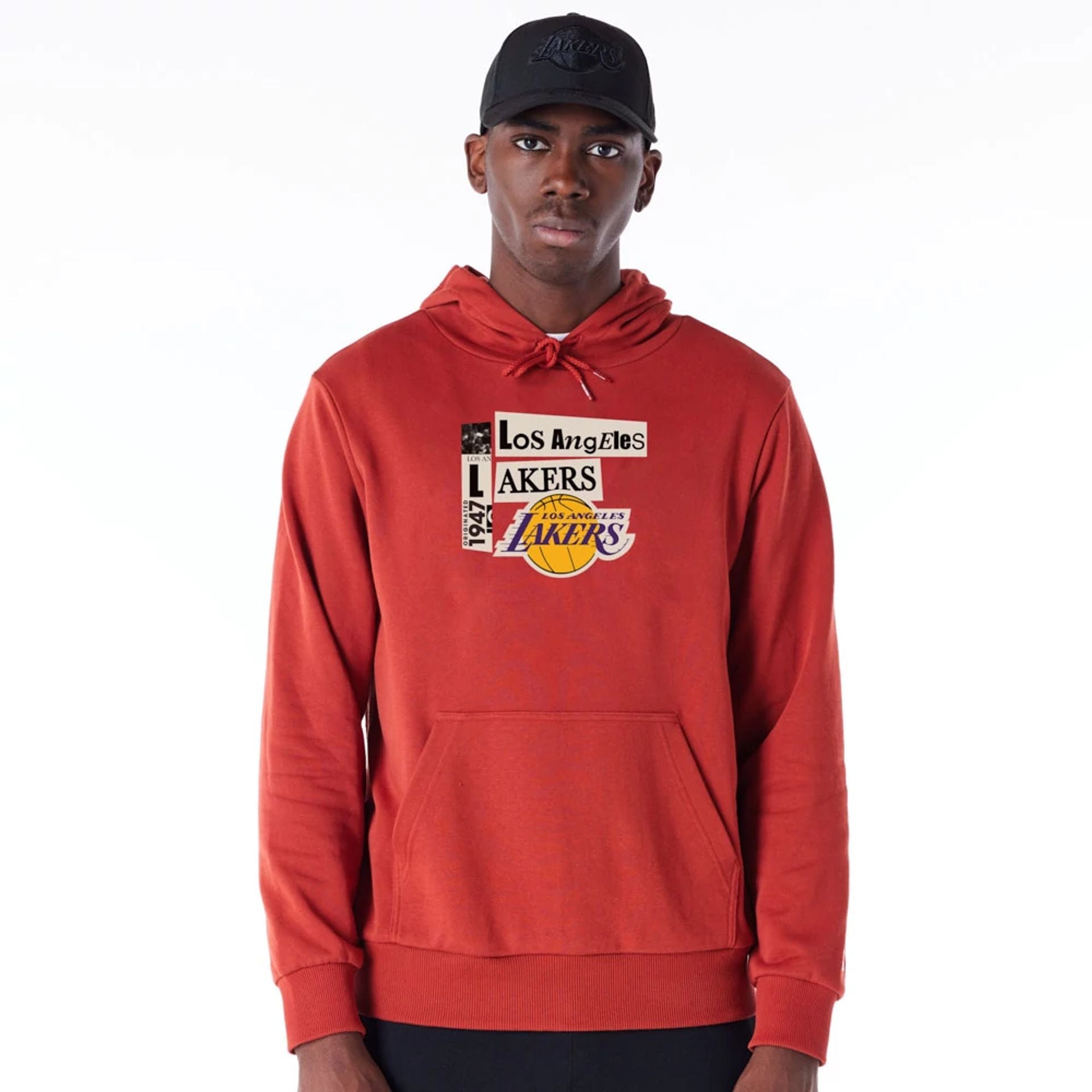 The Male model is wearing LA Lakers Newspaper Graphic Red Pullover Hoodie 1