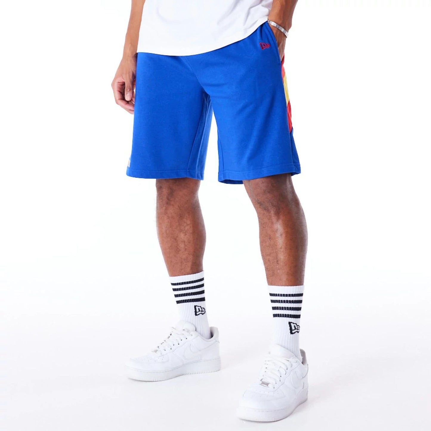 The Male model is wearing Denver Nuggets NBA Panel Blue Oversized Shorts 8