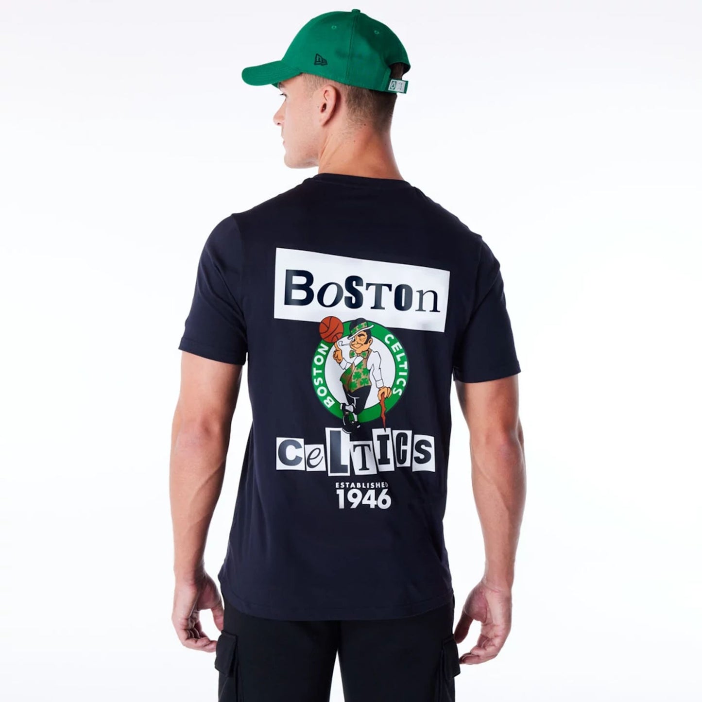 The Male model is wearing Boston Celtics Newspaper Graphic Navy T-Shirt 5