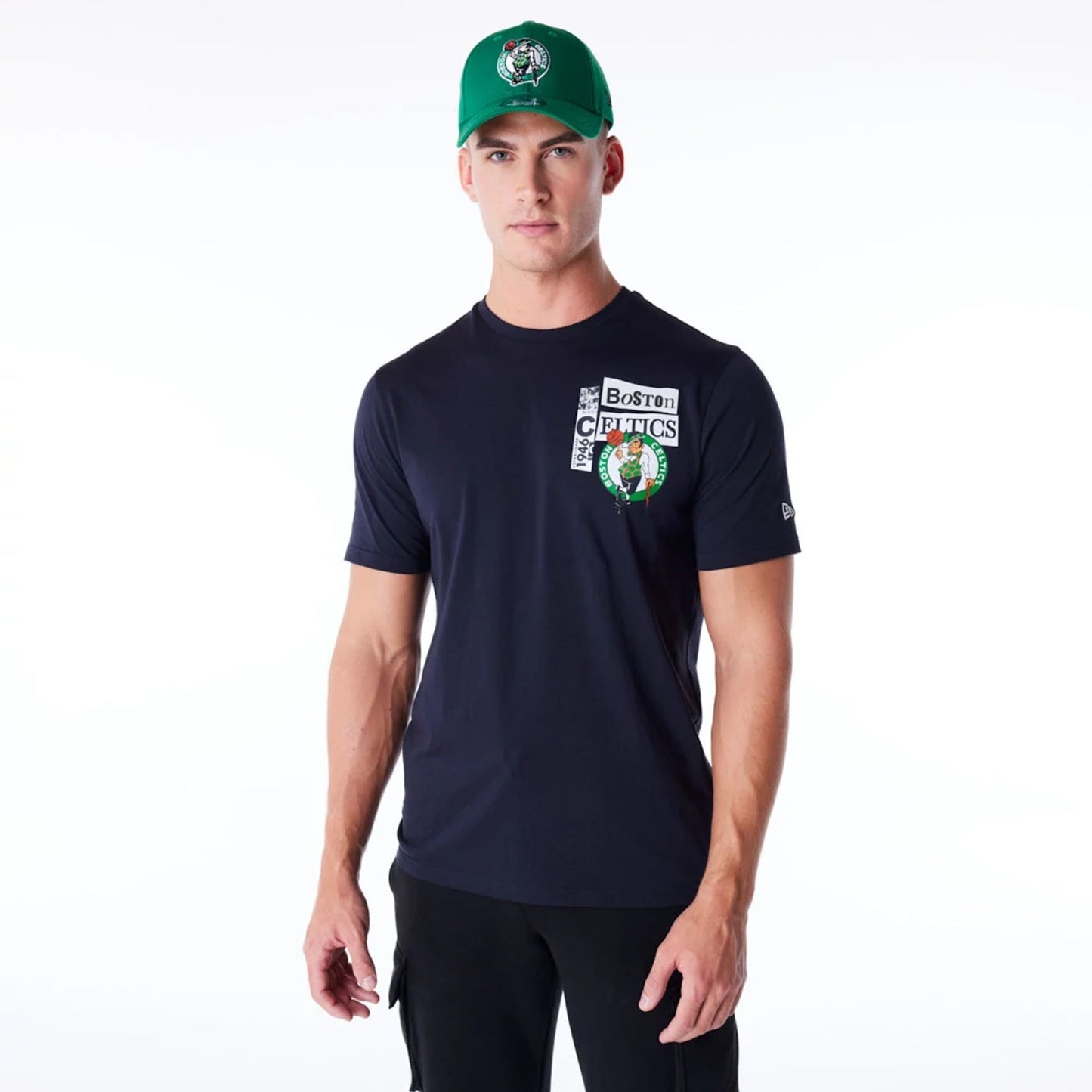 The Male model is wearing Boston Celtics Newspaper Graphic Navy T-Shirt 1