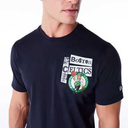 The Male model is wearing Boston Celtics Newspaper Graphic Navy T-Shirt 6