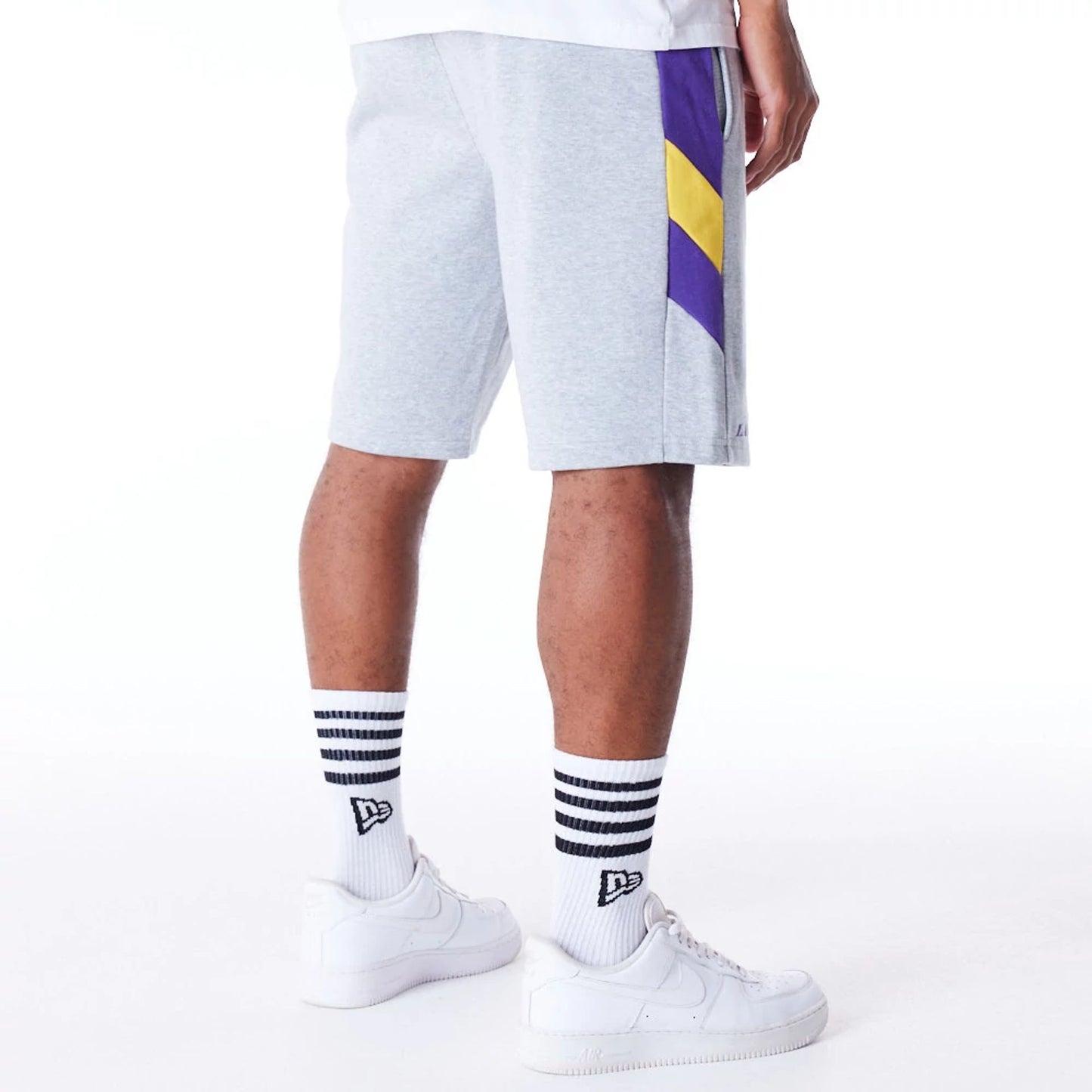 The Male model is wearing LA Lakers NBA Panel Grey Oversized Shorts 3