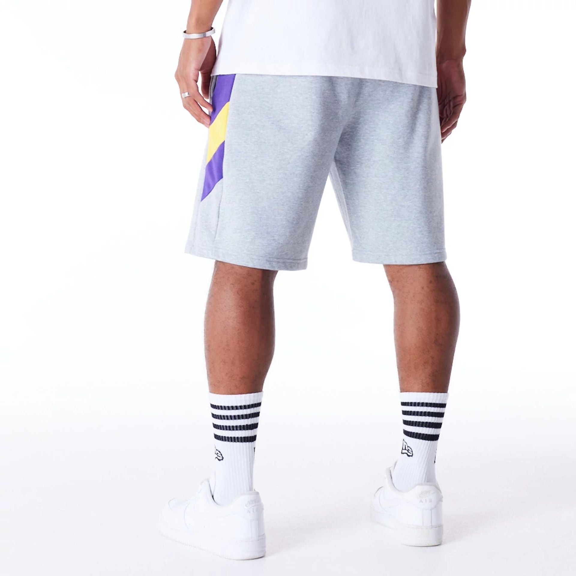 The Male model is wearing LA Lakers NBA Panel Grey Oversized Shorts 4