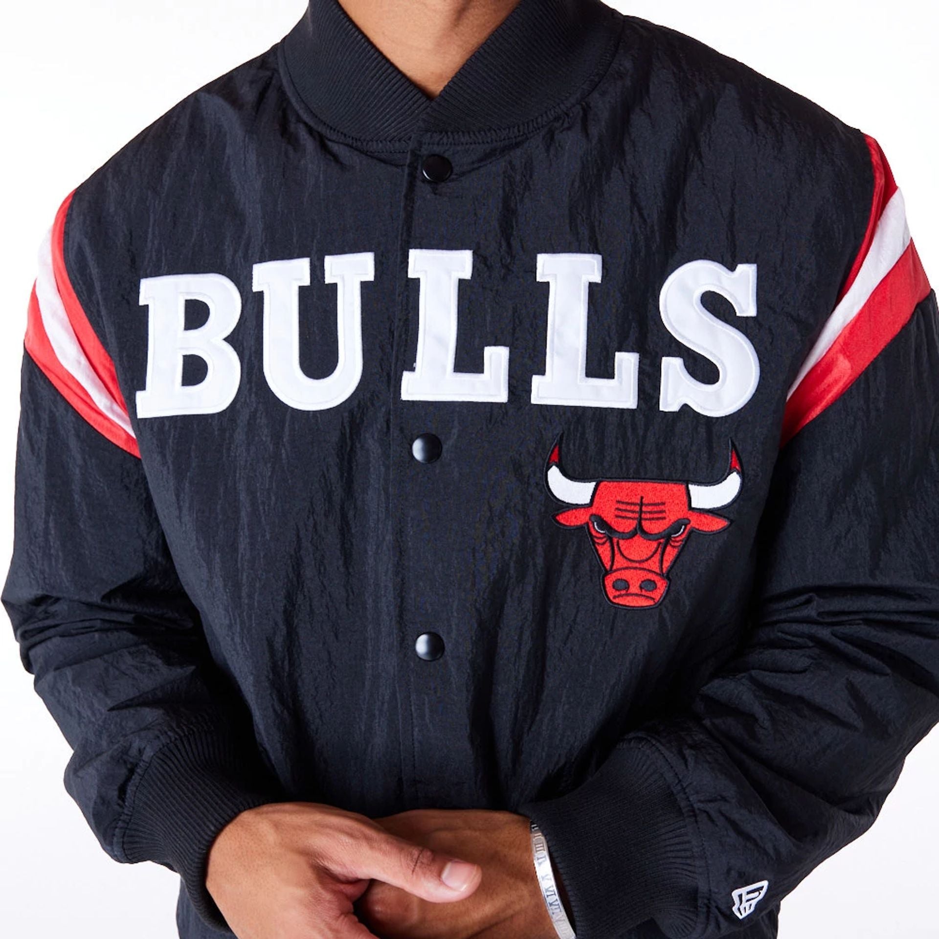 The Male model is wearing Chicago Bulls NBA Panel Black Bomber Jacket 8