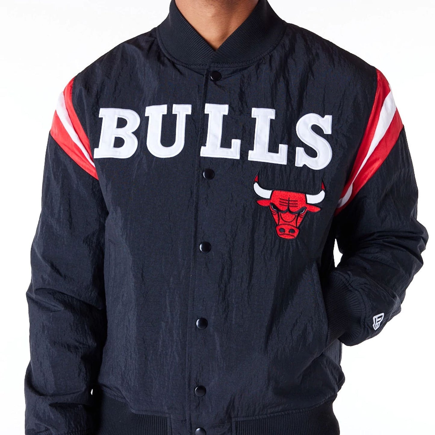 The Male model is wearing Chicago Bulls NBA Panel Black Bomber Jacket 7