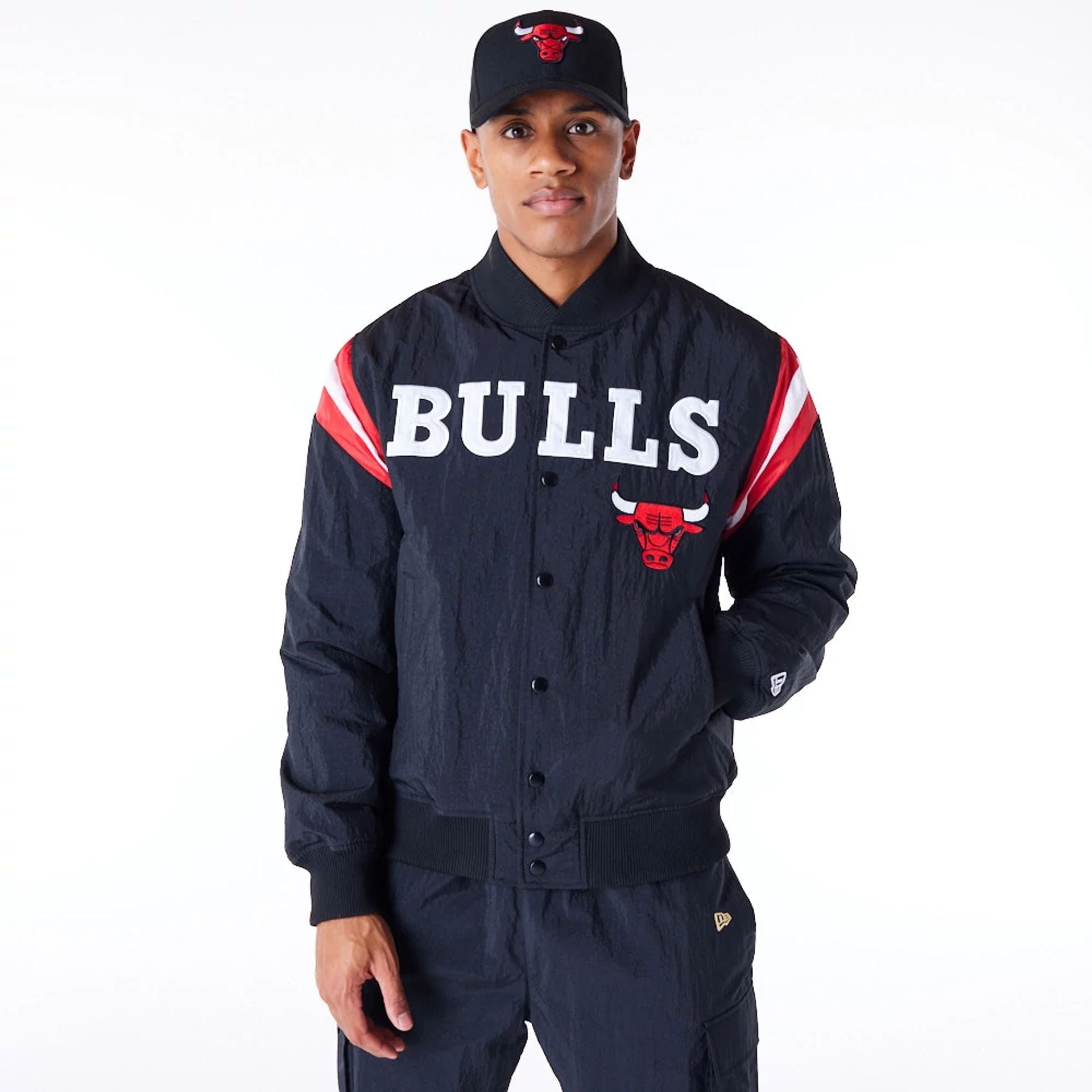 The Male model is wearing Chicago Bulls NBA Panel Black Bomber Jacket 1