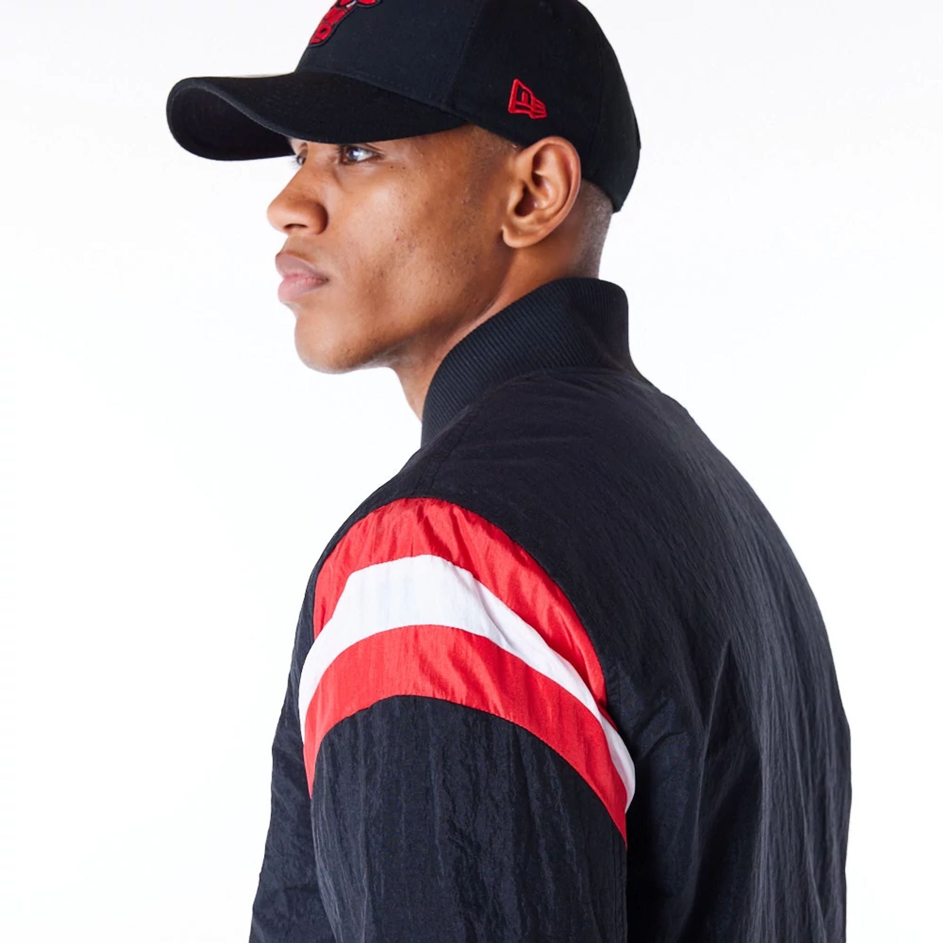 The Male model is wearing Chicago Bulls NBA Panel Black Bomber Jacket 2