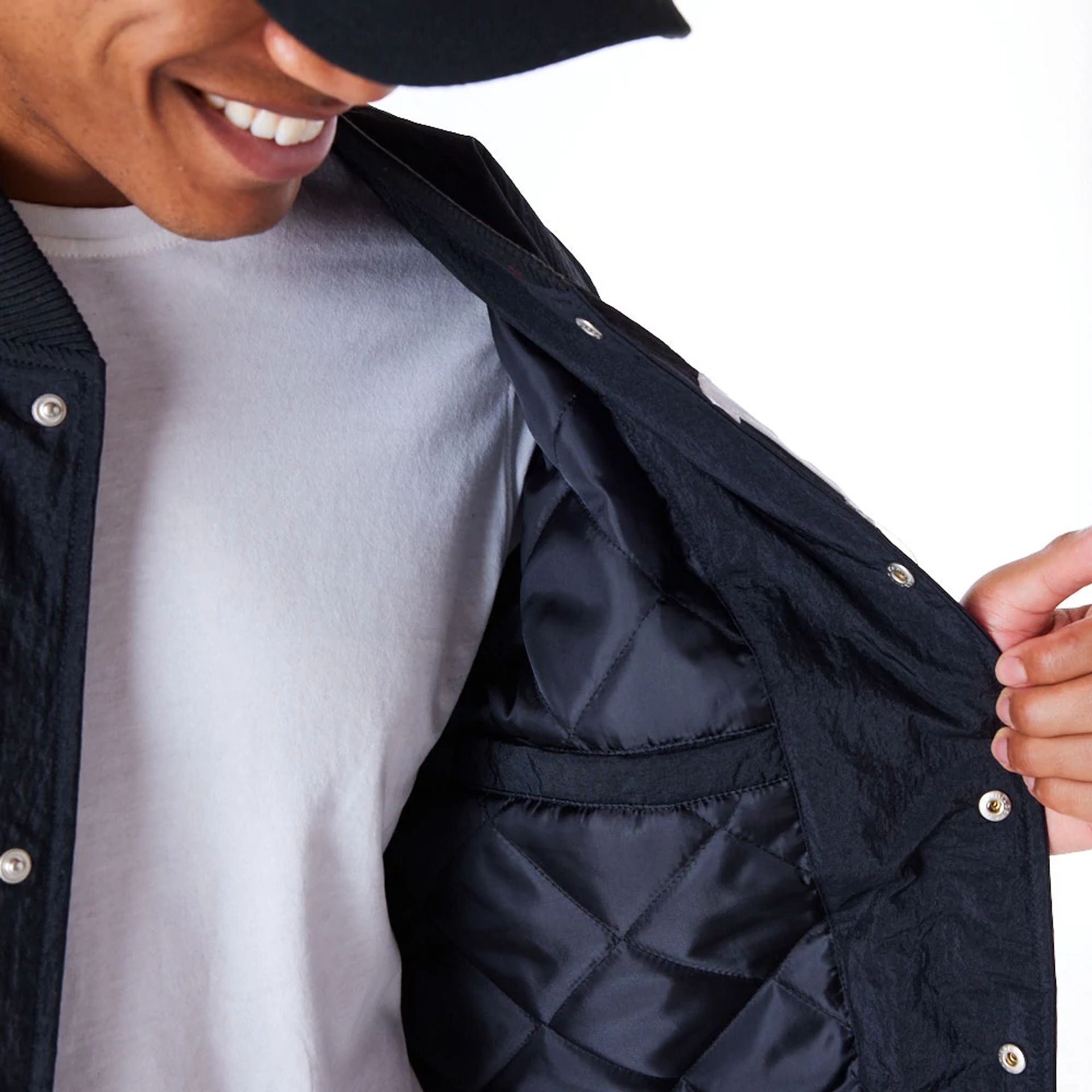 The Male model is wearing Chicago Bulls NBA Panel Black Bomber Jacket 3