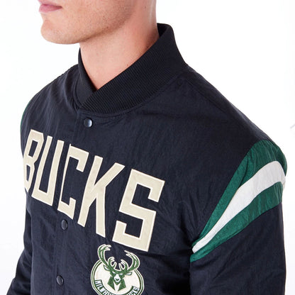 The Male model is wearing Milwaukee Bucks NBA Panel Black Bomber Jacket 6