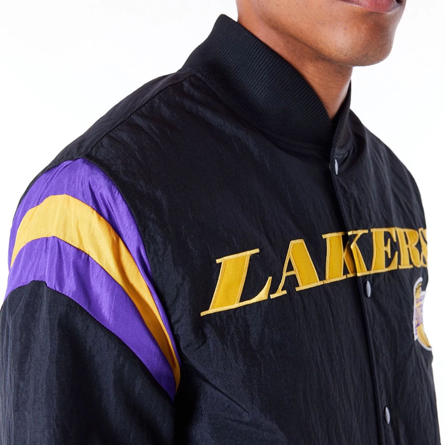 The Male model is wearing LA Lakers NBA Panel Black Bomber Jacket 6