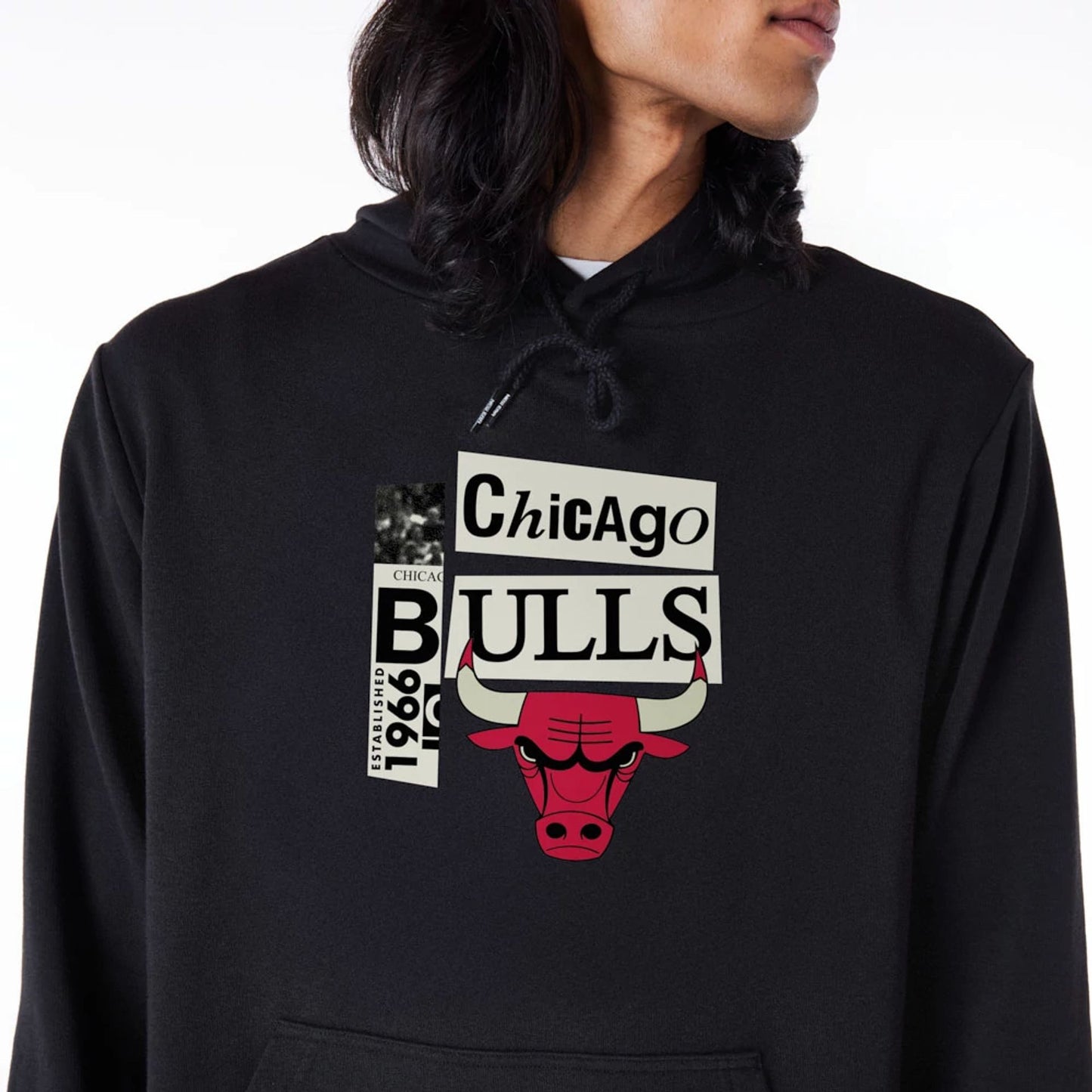 The Male model is wearing Chicago Bulls Newspaper Graphic Black Pullover Hoodie 3