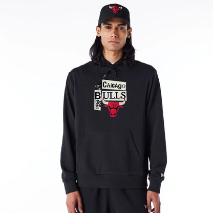 The Male model is wearing Chicago Bulls Newspaper Graphic Black Pullover Hoodie 1