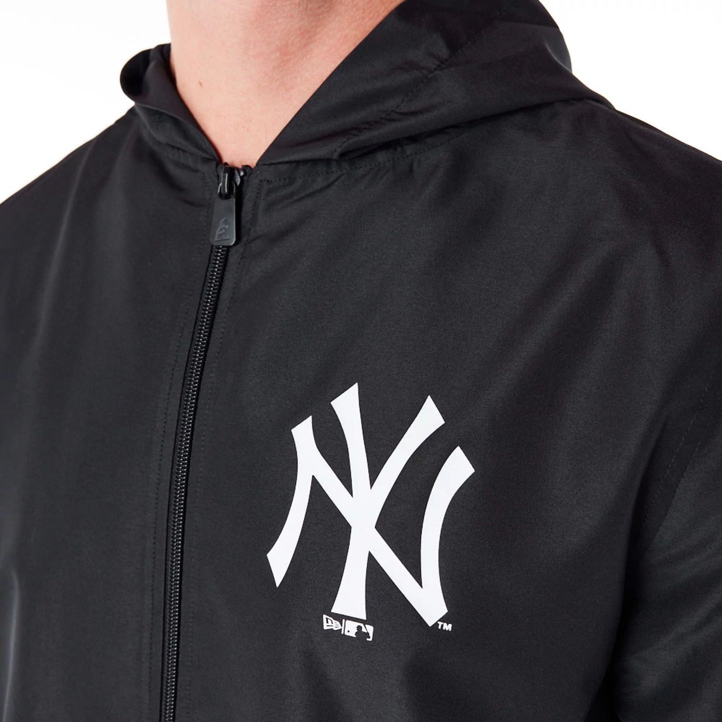 The Male model is wearing New York Yankees MLB Black Coach Jacket 6