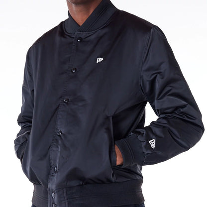 The Male model is wearing New Era Satin Graphic Black Bomber Jacket 5