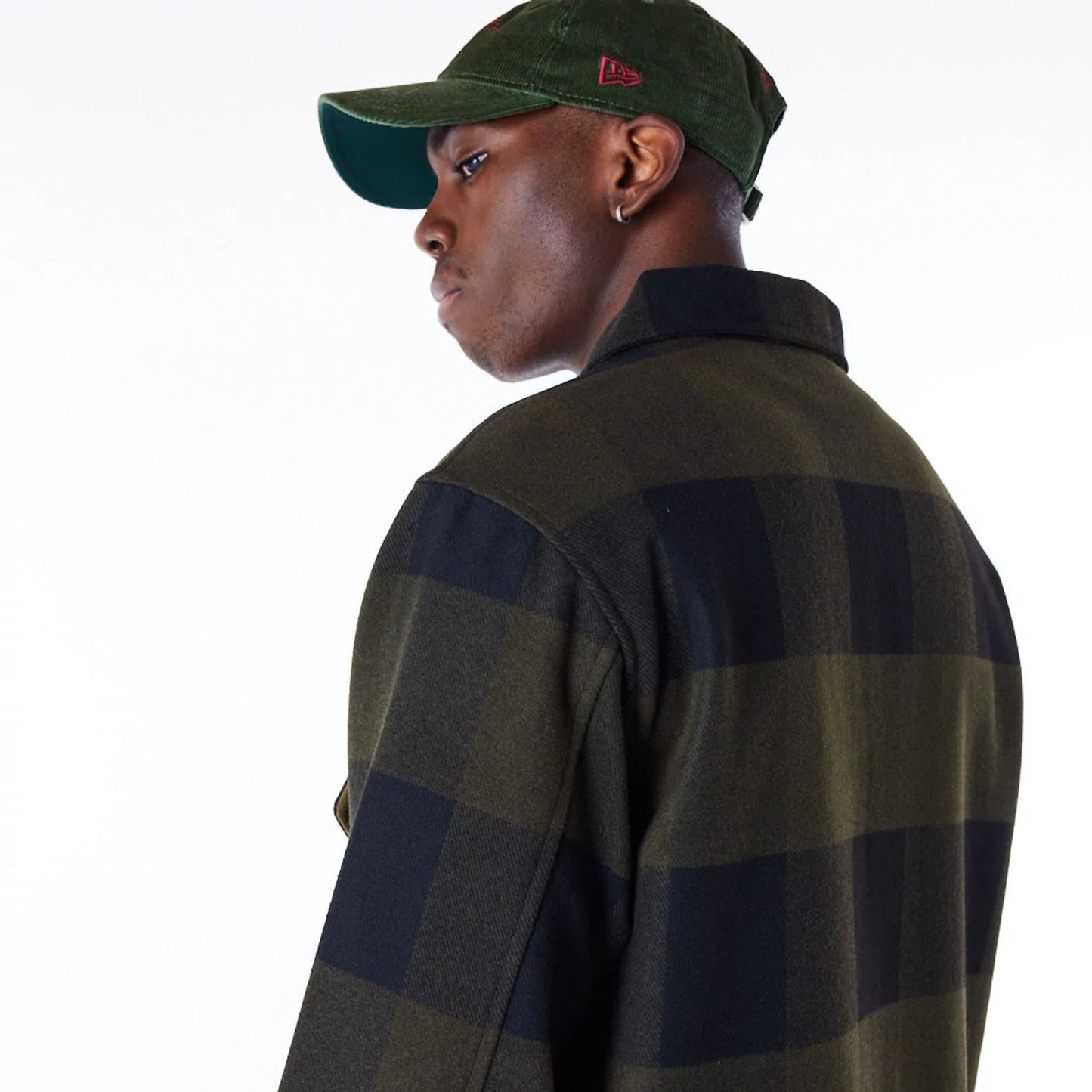 The Male model is wearing New Era Dark Green Shacket 5