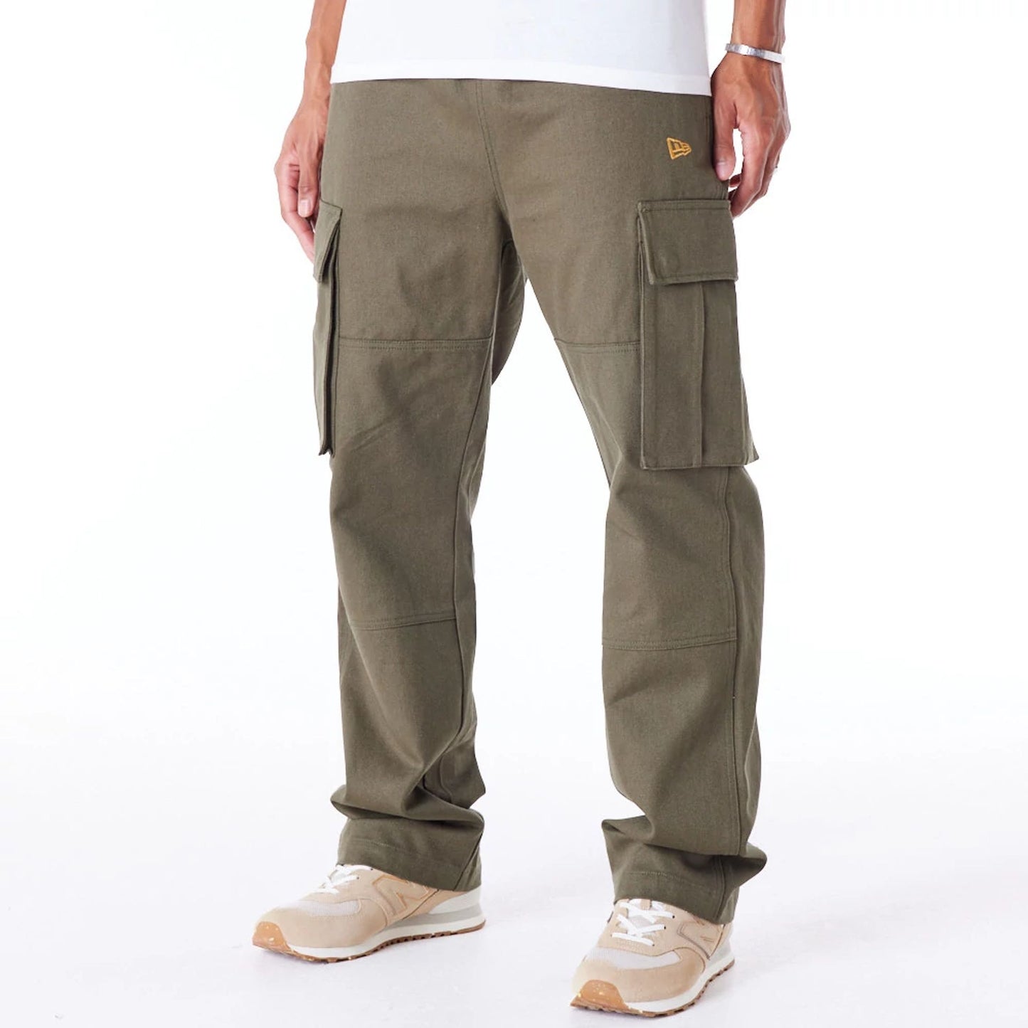 The Male model is wearing New Era Green Cargo Trousers 1